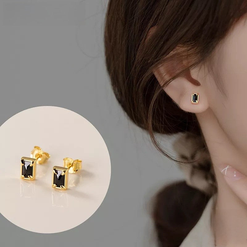 ANYCO Fashion Earrings Gold 925 Sterling Silver Black Luxury Zircon Simple Square Small Stud for Women Jewelry