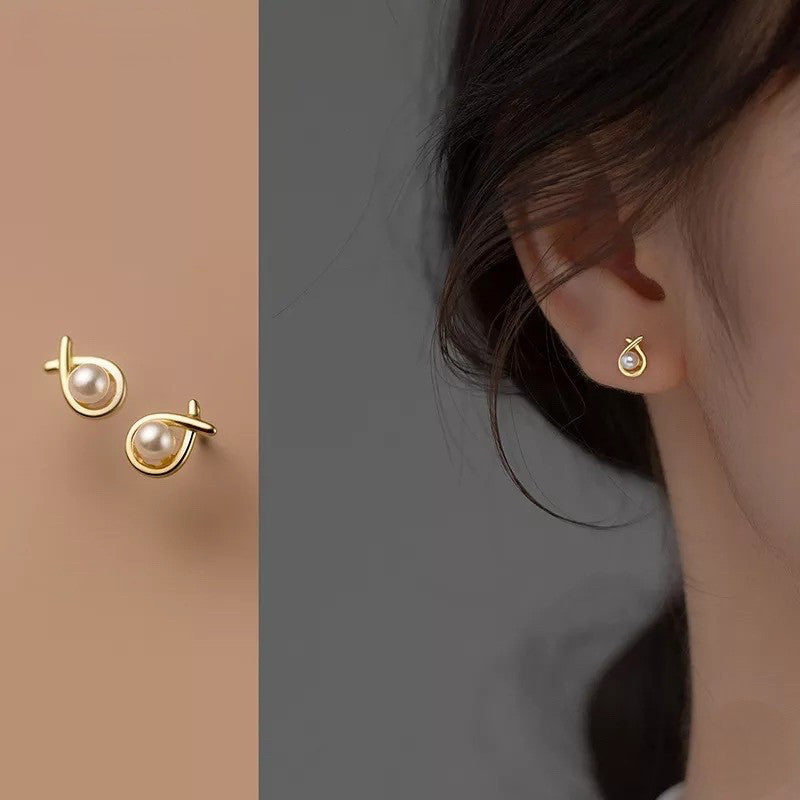 ANYCO Fashion Earrings Gold 925 Sterling Silver Simple Geometric Line Synthetic Pearl Small Stud for Women Piercing Jewelry