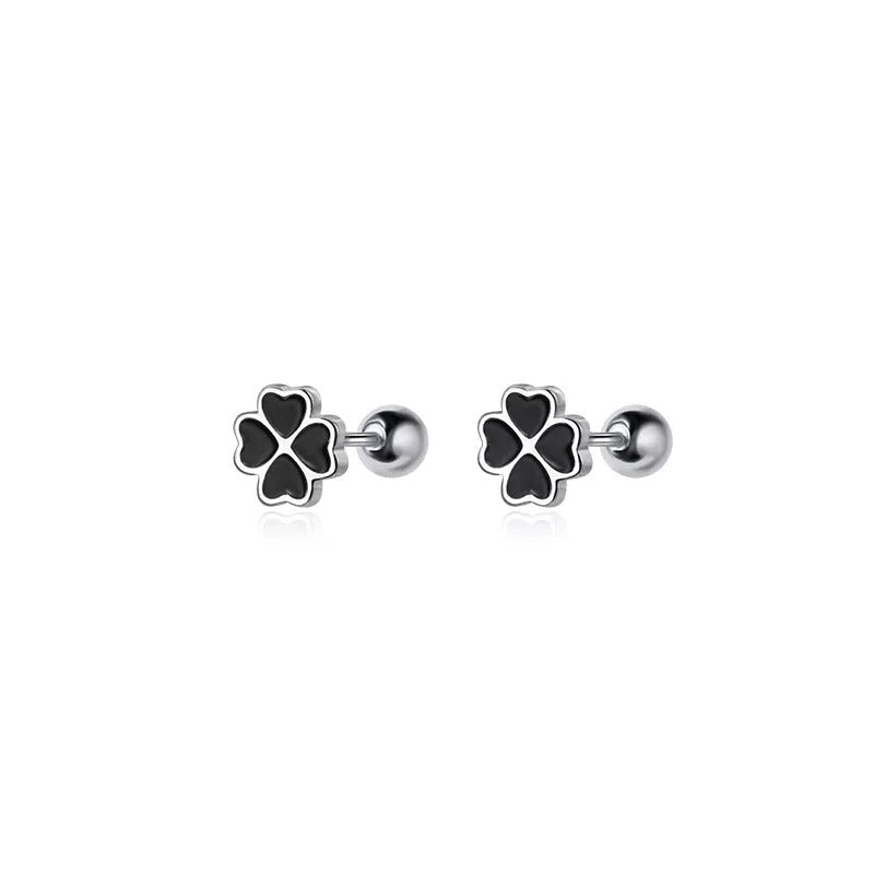 ANYCO Fashion Earrings Sterling Silver Chic Black Zircon Four-leaf Clover Spiral Bead Stud for Women Party Wedding Jewelry