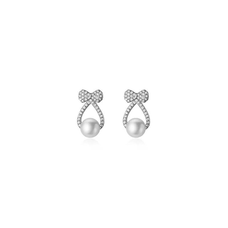 ANYCO Fashion Earrings Silver 925 Sterling Shiny Zircon Bow Natural Pearl Hollow Stud for Women Jewelry