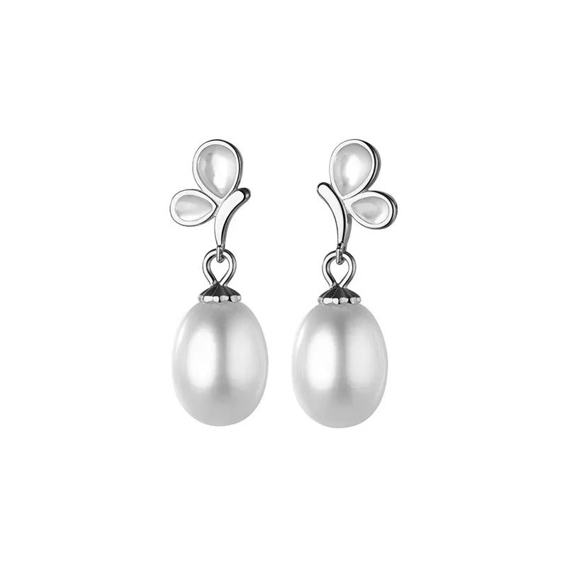 ANYCO Fashion Earrings Silver 925 Sterling Elegant Synthetic Pearl Butterfly Pendant Charm for Women Jewelry