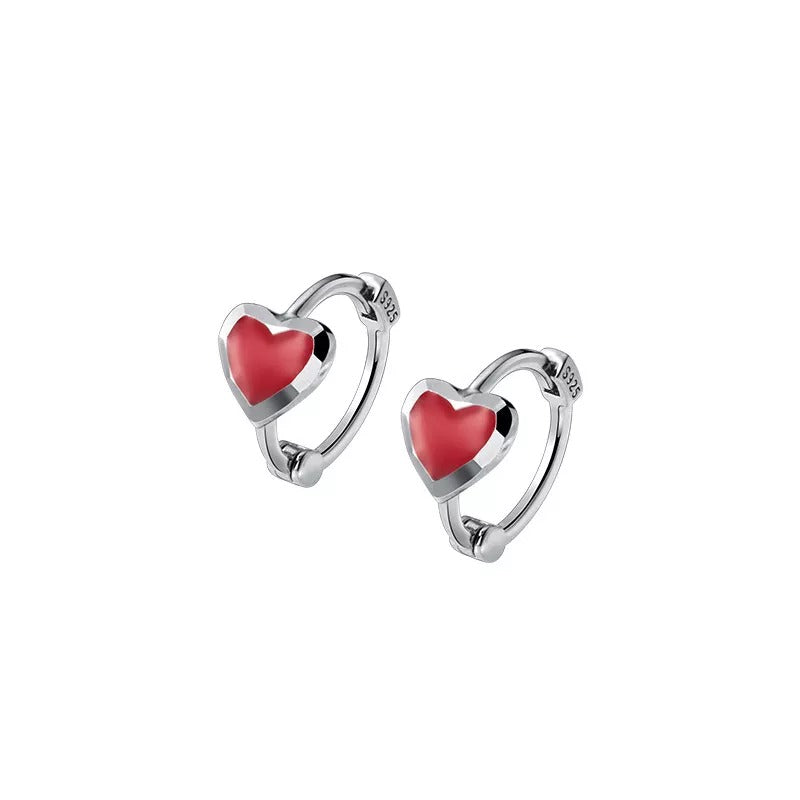 ANYCO  Fashion Earrings Silver 925 Sterling Romantic Love Heart Red Enamel Piercing Women Jewelry Ear Buckle