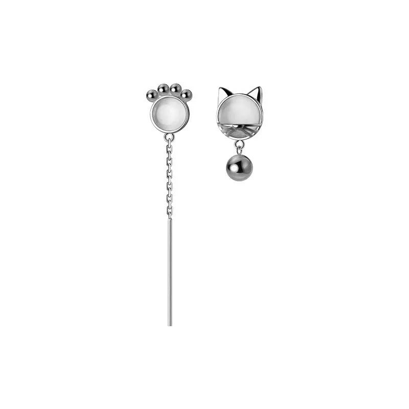 ANYCO Fashion Earrings Silver 925 Sterling Unique Cat Claw Chain Tassel Bell for Women Cute Cat Jewelry