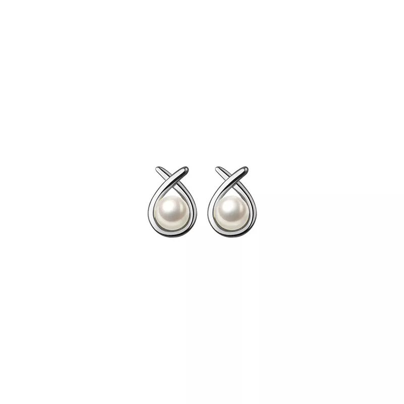 ANYCO Fashion Earrings Silver 925 Sterling Simple Geometric Line Synthetic Pearl Small Stud for Women Piercing Jewelry