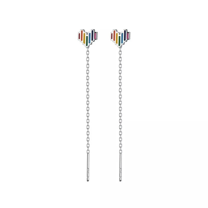 ANYCO Fashion Earrings Genuine Sterling Silver Sweet Lovely Colorful Love Heart Tassel Stud for Women Teen Chic Ear Line Jewelry