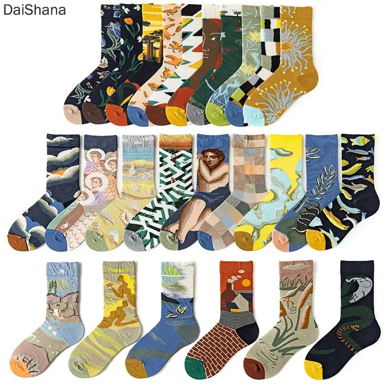 Anyfootwear 5 Pairs Size 5-9 Fashion Long Sock Cartoon Personalized Creative Nature Lady Print For Men Woman Foot Cold Winter Warm Comfortable Accessories