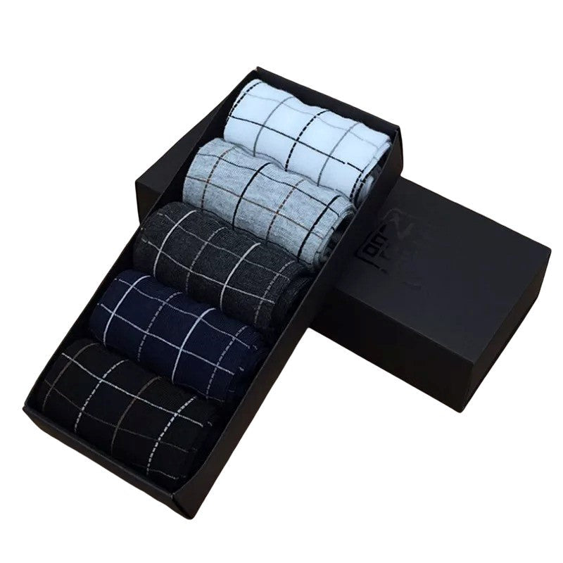 Anyfootwear 5 Pairs Size 6-10 Casual Business Socks High Quality Cotton Breathable Elastic Checkered Design For Men