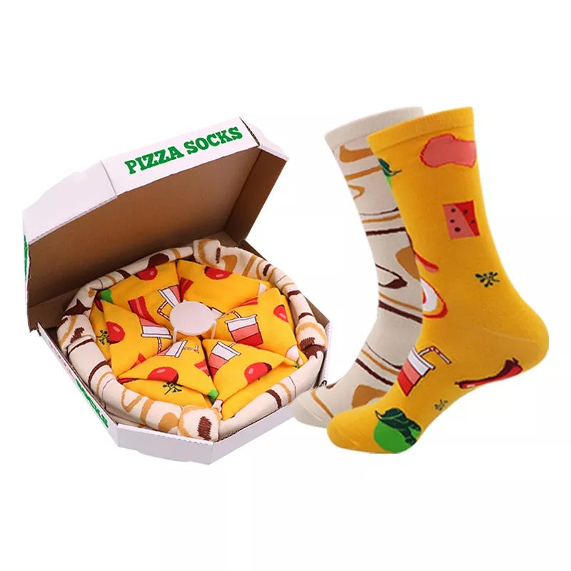 Anyfootwear White and Mustard Size 5-11 Fashion Socks With Pizza Design Happy Harajuku Skate Cotton Comfortable To Wear Perfect For Christmas Gift