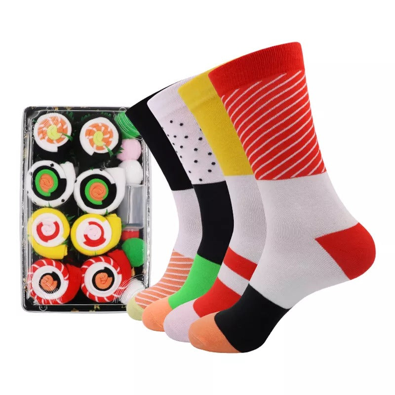 Anyfootwear White and Mustard Size 5-11 Fashion Socks With Pizza Design Happy Harajuku Skate Cotton Comfortable To Wear Perfect For Christmas Gift