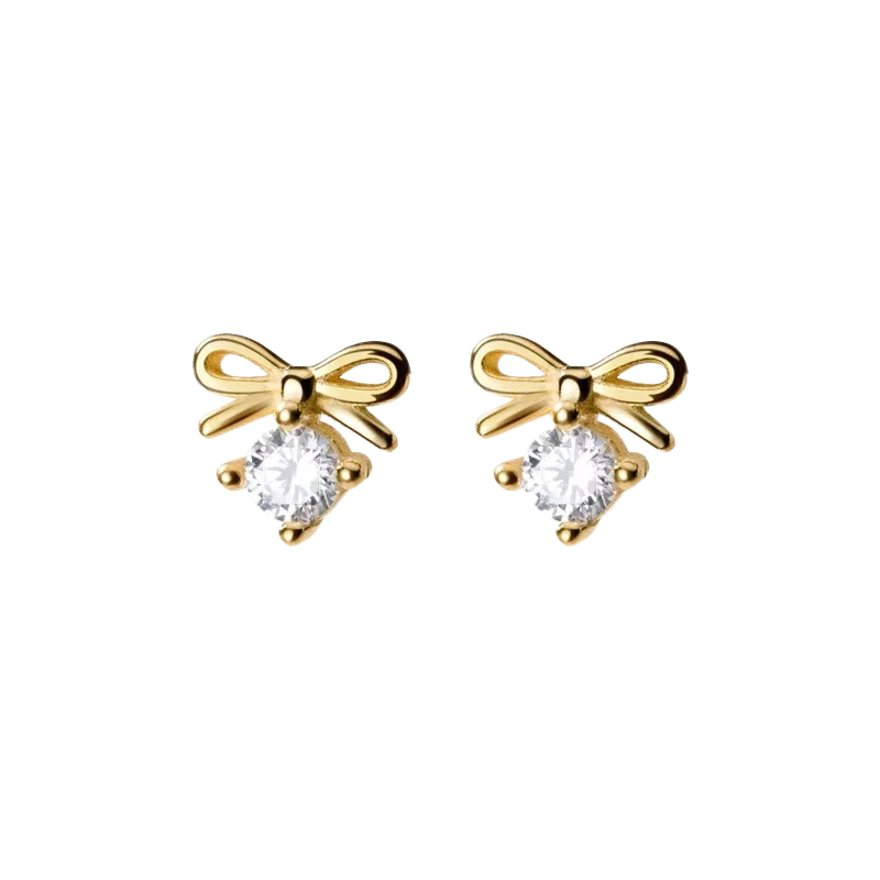 ANYCO Fashion Earrings Gold 925 Sterling Silver Sweet Bowknot Crystal Zircon Small Stud for Women Ladies Jewelry