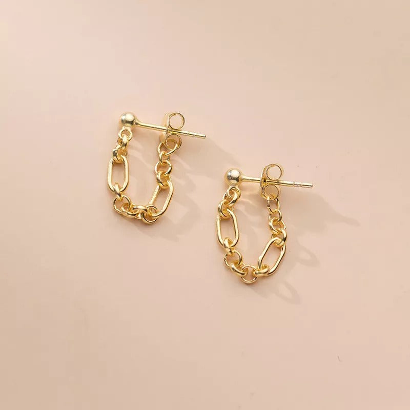 ANYCO Gold 925 Boho Link Chain Stud Earrings – Hollow Design for Women