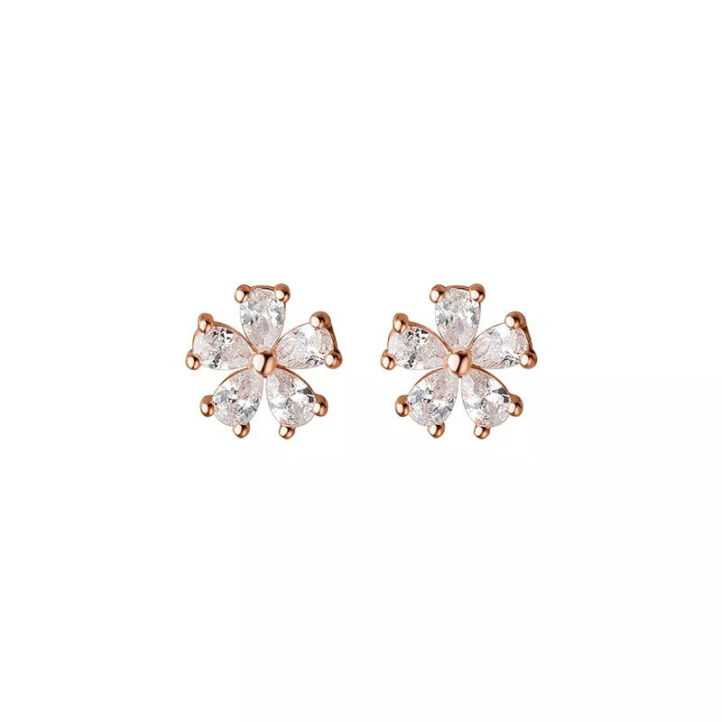 ANYCO Fashion Earrings Rose Gold Luxury Crystal Zircon Romantic Flower Stud for Women Chic Teen Party Wedding Jewelry