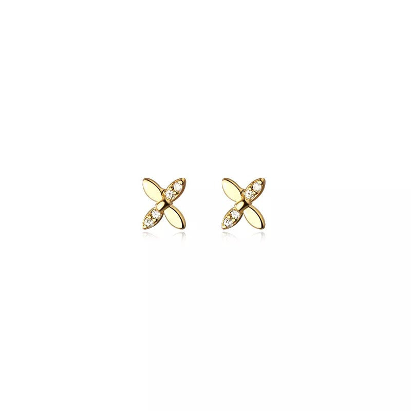 ANYCO Fashion Earrings Gold 925 Sterling Simple CZ Zircon Classic Cross Four Petal Flower Stud for Women Teen Birthday Jewelry Gift