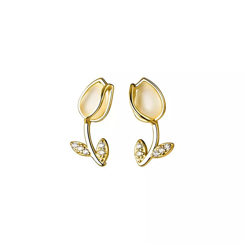 ANYCO Fashion Earrings Gold  925 Sterling Silver Romantic Statement Tulip Stud for Women Flower Jewelry