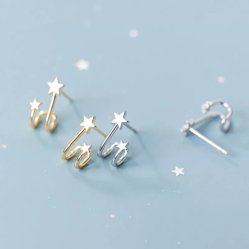 ANYCO Fashion Earrings Real Gold Double Star Geometric Studs Teen Gift Fine Jewelry for Women