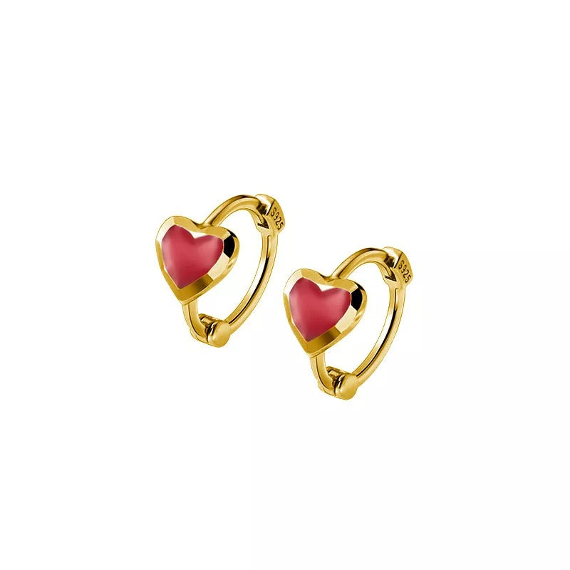 ANYCO Fashion Earrings Gold 925 Sterling Silver Romantic Love Heart Red Enamel Piercing Women Jewelry Ear Buckle