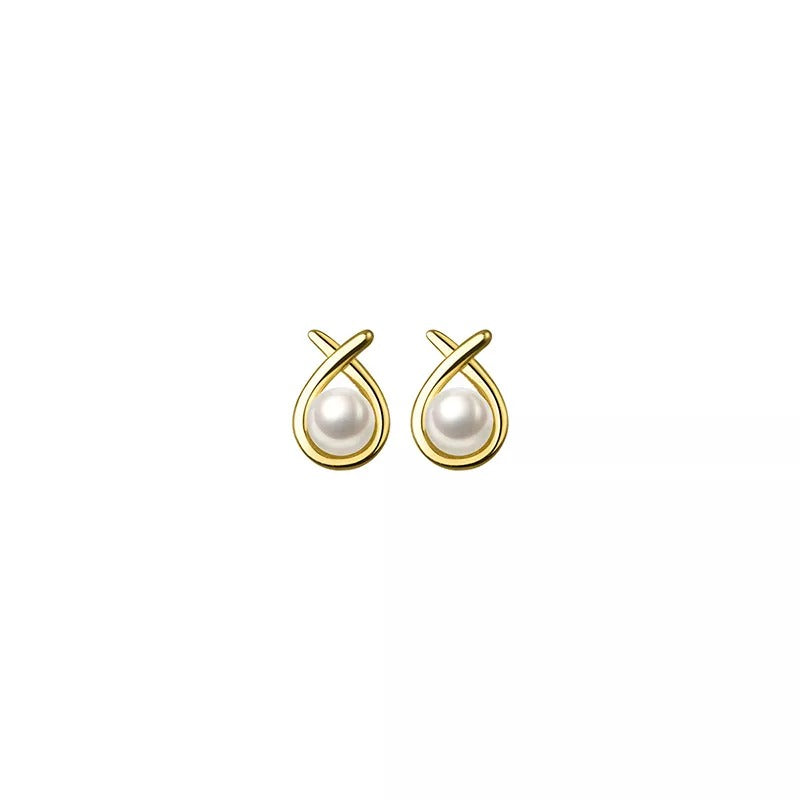 ANYCO Fashion Earrings Gold 925 Sterling Silver Simple Geometric Line Synthetic Pearl Small Stud for Women Piercing Jewelry