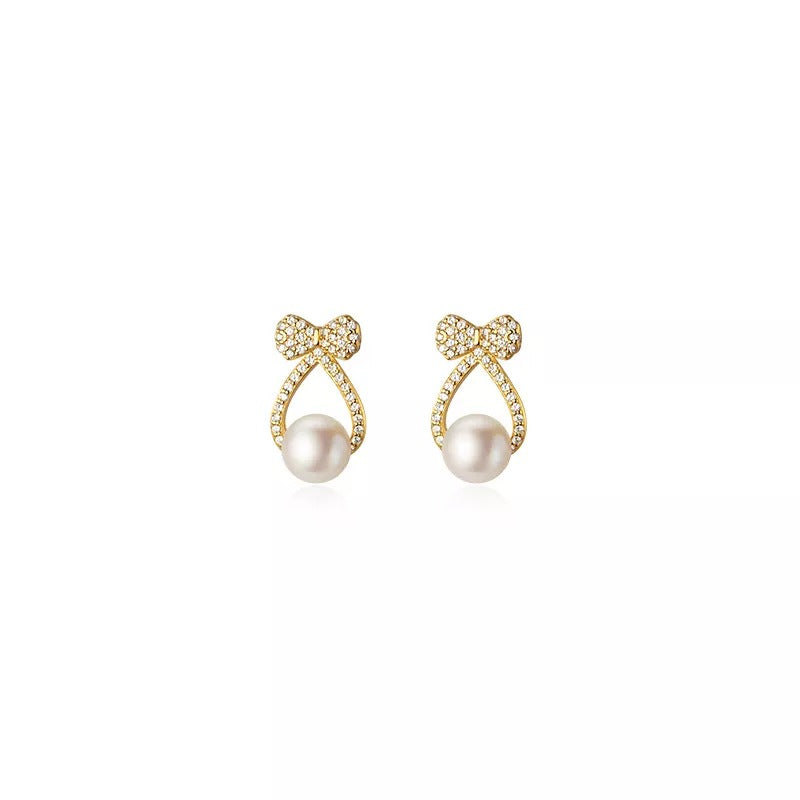 ANYCO Fashion Earrings Gold 925 Sterling Silver Shiny Zircon Bow Natural Pearl Hollow Stud for Women Jewelry