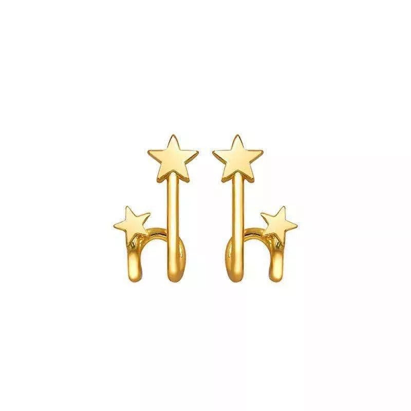 ANYCO Fashion Earrings Real Gold Double Star Geometric Studs Teen Gift Fine Jewelry for Women