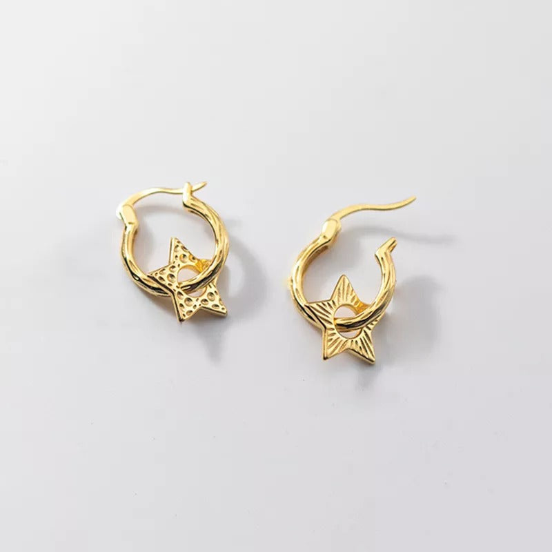 ANYCO Fashion Earrings Gold 925 Sterling Punk Personality Circle Star Pendant for Women Bohemian Fine 18k Jewelry