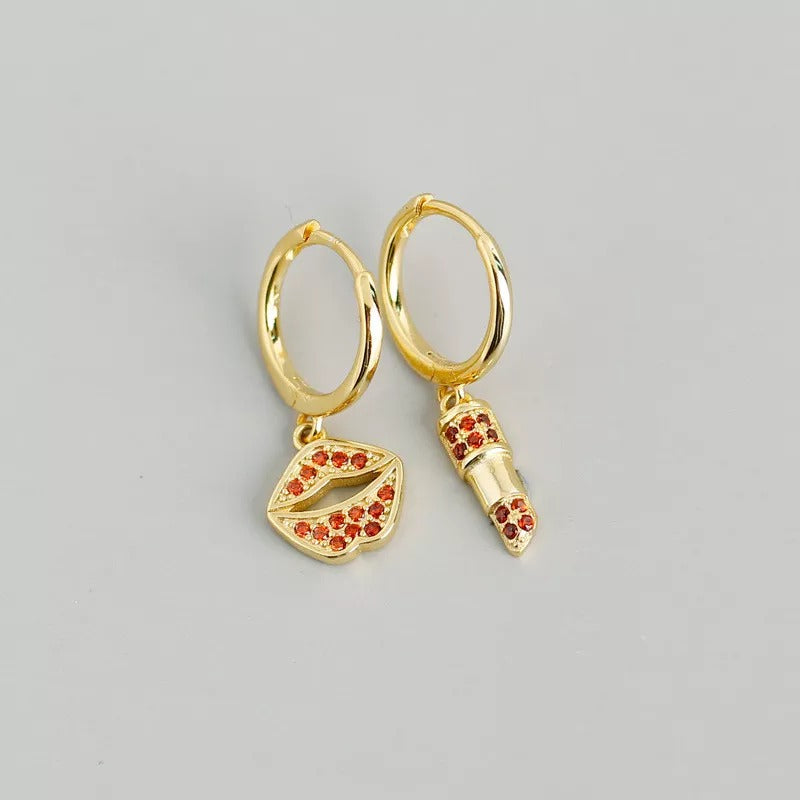 ANYCO Earrings Gold Plated Red Zirconia Lips Lipstick Drape For Women Teen Girl Fine Fashion Stylish Accessories Jewelry Gifts