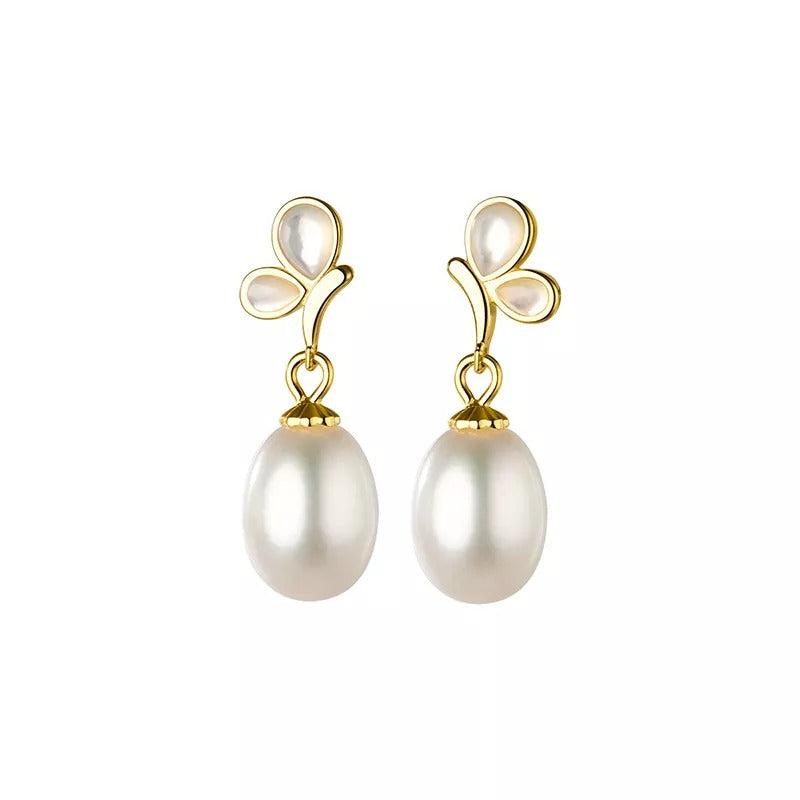ANYCO Fashion Earrings Gold 925 Sterling Silver Elegant Synthetic Pearl Butterfly Pendant Charm for Women Jewelry