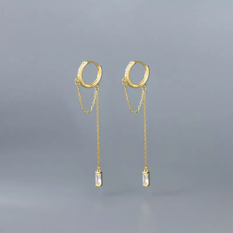 Anyluxe Fashion Earrings Gold 925 Sterling Silver Tassel Chain Square Zircon Ear Buckle for Women Jewelry Accessories