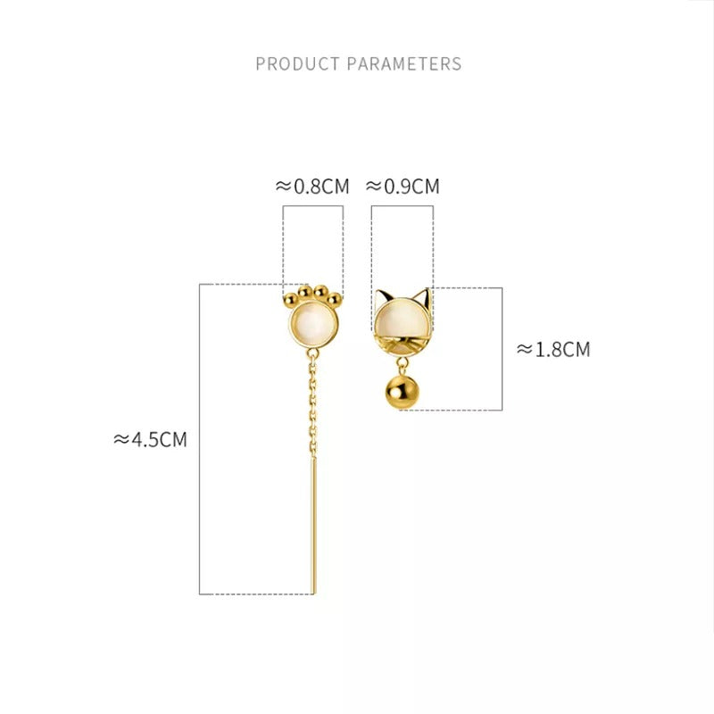 ANYCO Fashion Earrings Silver 925 Sterling Unique Cat Claw Chain Tassel Bell for Women Cute Cat Jewelry