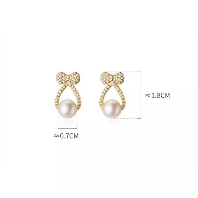 ANYCO Fashion Earrings Gold 925 Sterling Silver Shiny Zircon Bow Natural Pearl Hollow Stud for Women Jewelry