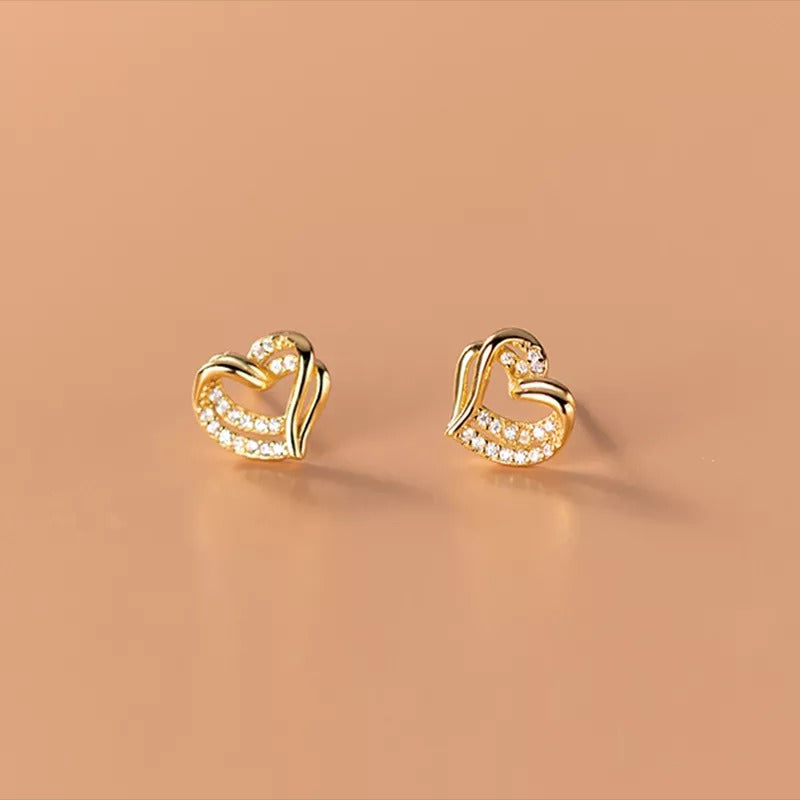 ANYCO  Fashion Earrings Gold 925 Sterling Hollow Double Love Heart Stud for Women Romantic Wedding Girlfriend Jewelry Gift