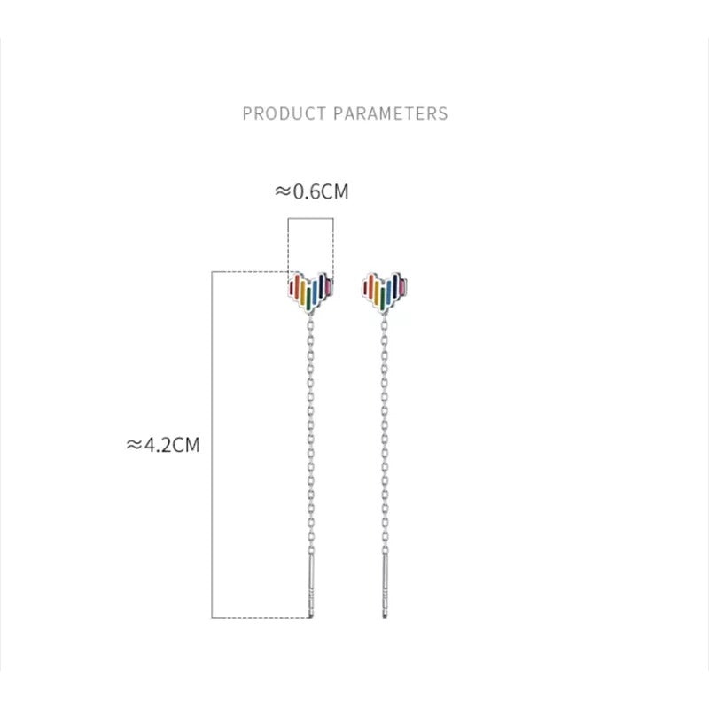 ANYCO Fashion Earrings Genuine Sterling Silver Sweet Lovely Colorful Love Heart Tassel Stud for Women Teen Chic Ear Line Jewelry