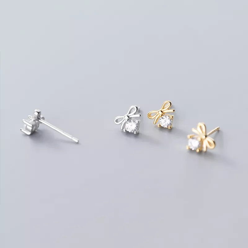 ANYCO Fashion Earrings Silver 925 Sterling Sweet Bowknot Crystal Zircon Small Stud for Women Ladies Jewelry
