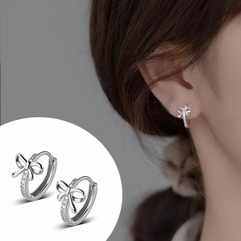 ANYCO Fashion Earrings Silver 925 Sterling Sweet Bow Shiny Zircon Ear Buckle Charm Women Wedding Huggies Butterfly Hoop Jewelry