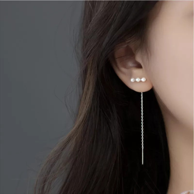 ANYCO Fashion Earrings 925 Sterling Silver Simple Synthetic Pearl Chain Tassel Long Ear Line for Women Cute Party Jewelry Gift