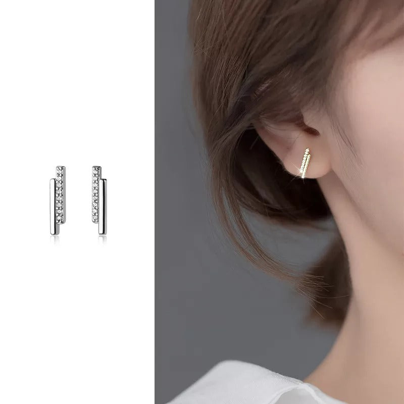 ANYCO Fashion Earrings Gold Strip Shiny Zircon Small Stud Simple Unique Elegant Party Jewelry for Women