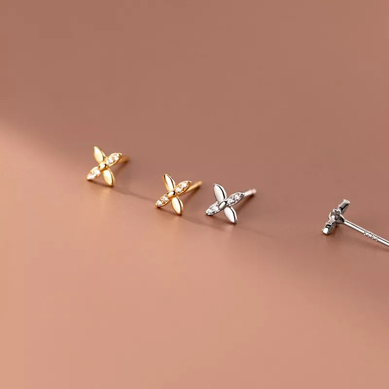 ANYCO Fashion Earrings Gold 925 Sterling Simple CZ Zircon Classic Cross Four Petal Flower Stud for Women Teen Birthday Jewelry Gift
