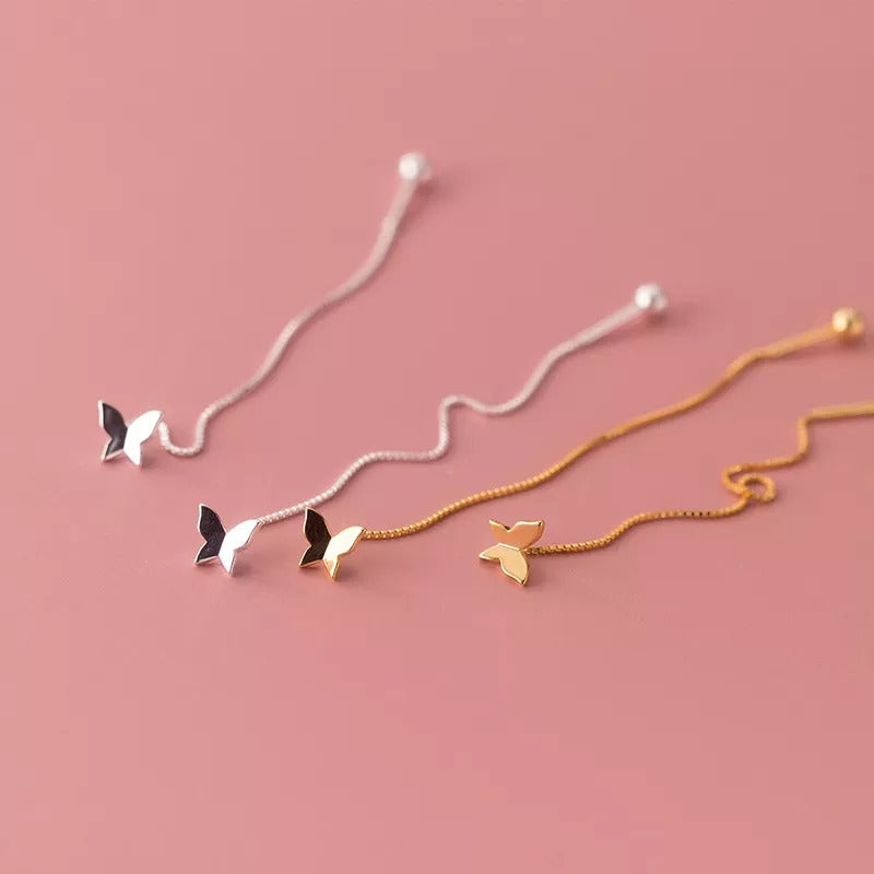 ANYCO Fashion Earrings Gold 925 Sterling Silver Sweet Romantic Butterfly Tassel Ear Line Drop for Women Jewelry Gift