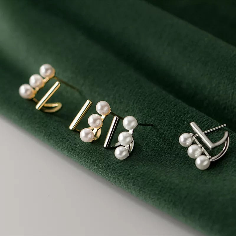 ANYCO Fashion Earrings Gold 925 Sterling Silver Simple Double Statement Synthetic Pearl Stud for Women Jewelry