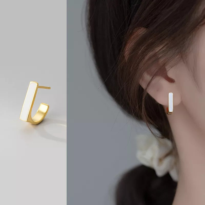 ANYCO Fashion Earrings Gold 925 Sterling Silver Geometric Square White Enamel Elegant Stud for Women Jewelry