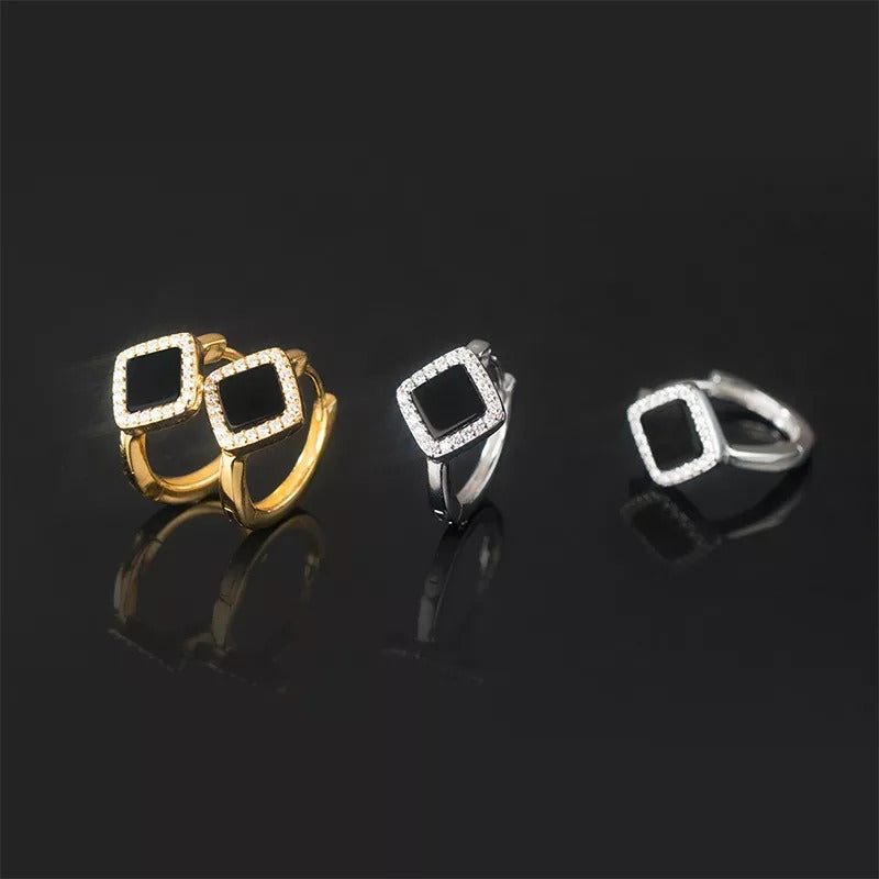 ANYCO Fashion Earrings Gold 925 Sterling Silver Luxury Gothic Black Enamel Diamond Huggies Hoop Women Jewelry