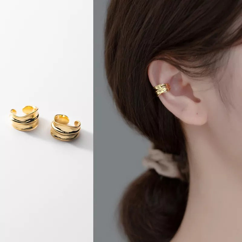 ANYCO Fashion Earrings Gold 925 Sterling Silver Simple No Piercing Three-layer Geometric Ear Clip Women Ear Cuff Jewelry