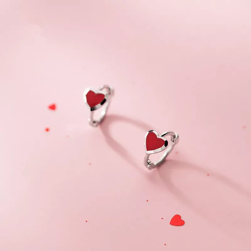 ANYCO  Fashion Earrings Silver 925 Sterling Romantic Love Heart Red Enamel Piercing Women Jewelry Ear Buckle
