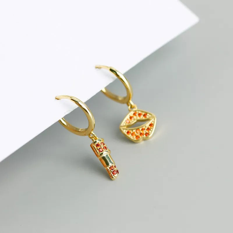 ANYCO Earrings Gold Plated Red Zirconia Lips Lipstick Drape For Women Teen Girl Fine Fashion Stylish Accessories Jewelry Gifts
