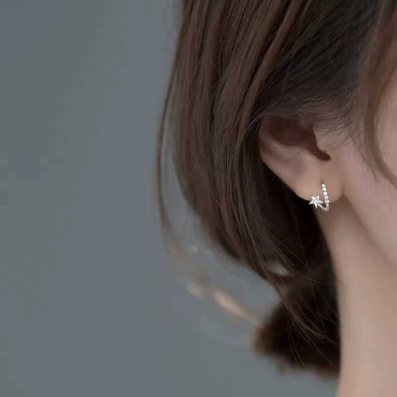 ANYCO Fashion Earrings Silver 925 Sterling Sweet Stars CZ Zircon Huggies Hoop for Women Jewelry Ear Buckles