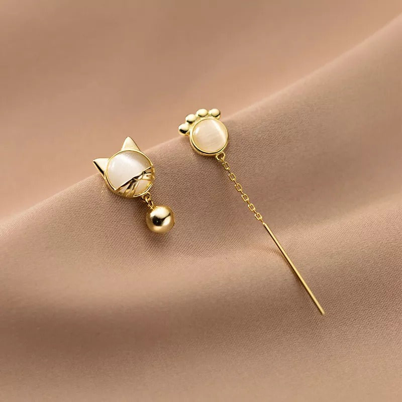 ANYCO Fashion Earrings Gold 925 Sterling Silver Unique Cat Claw Chain Tassel Bell for Women Cute Cat  Jewelry