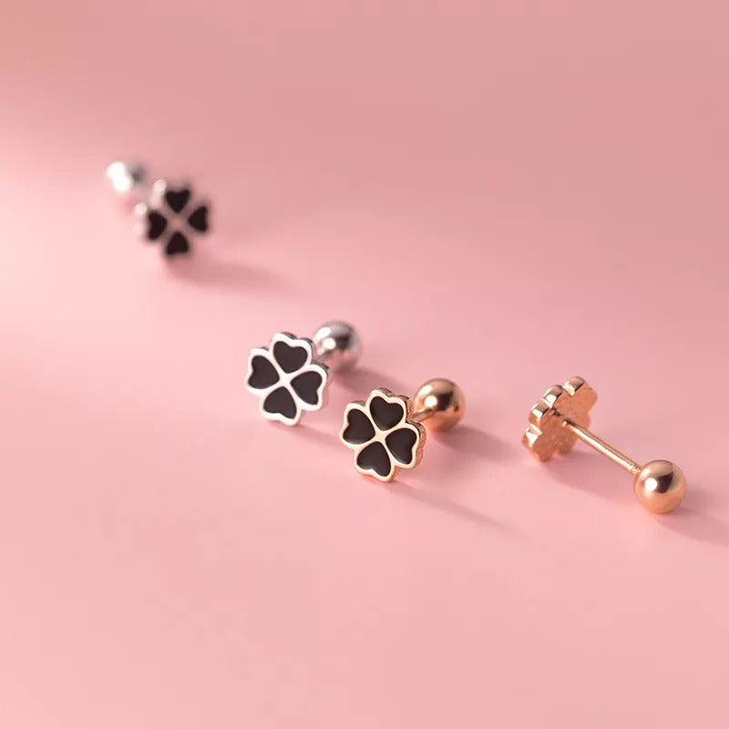 ANYCO Fashion Earrings Sterling Silver Chic Black Zircon Four-leaf Clover Spiral Bead Stud for Women Party Wedding Jewelry