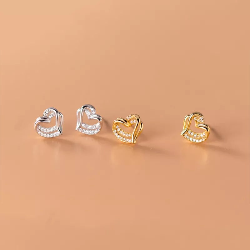 ANYCO  Fashion Earrings Gold 925 Sterling Hollow Double Love Heart Stud for Women Romantic Wedding Girlfriend Jewelry Gift