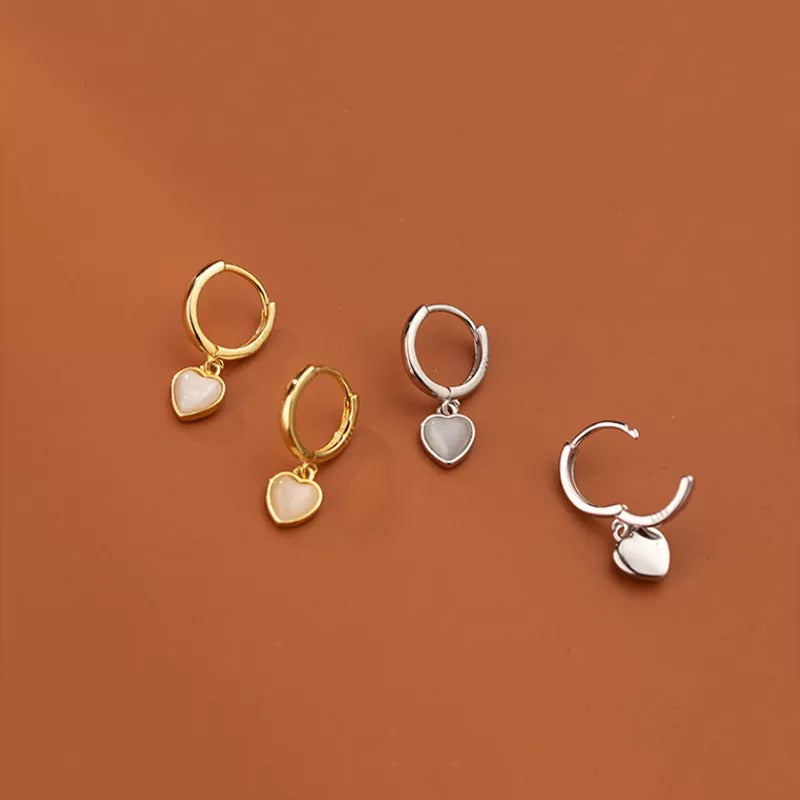 ANYCO Fashion Earrings Gold 925 Sterling Silver Simple Love Heart Opal Pendant for Women Huggies Jewelry Gift