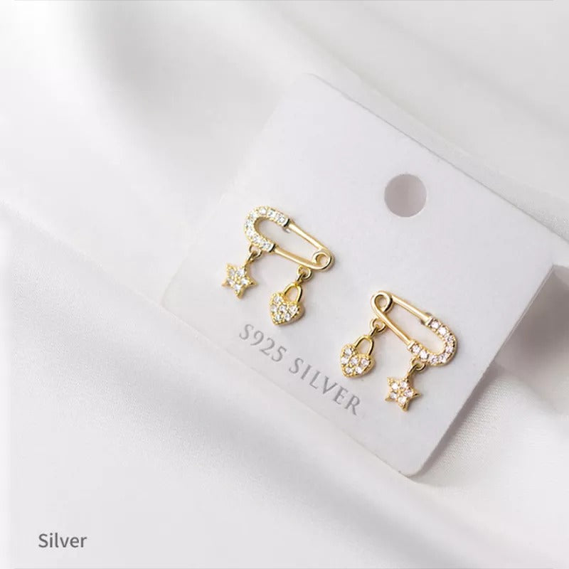 ANYCO Fashion Earrings Sterling Silver Charming Zircon Pin Stud for Women Genuine Sterling Silver Star Love Pendant Earrings Jewelry