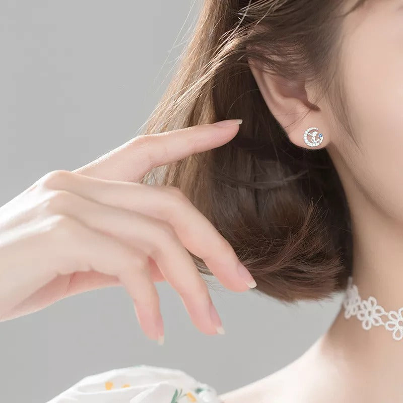 ANYCO Fashion Earrings Genuine  Sterling Silver Blue Zircon Petite Moon Little Prince Stud Earrings for Women Jewelry Gift